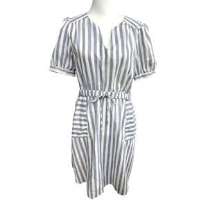 Monteau White Blue Striped Short Sleeve Dress Large